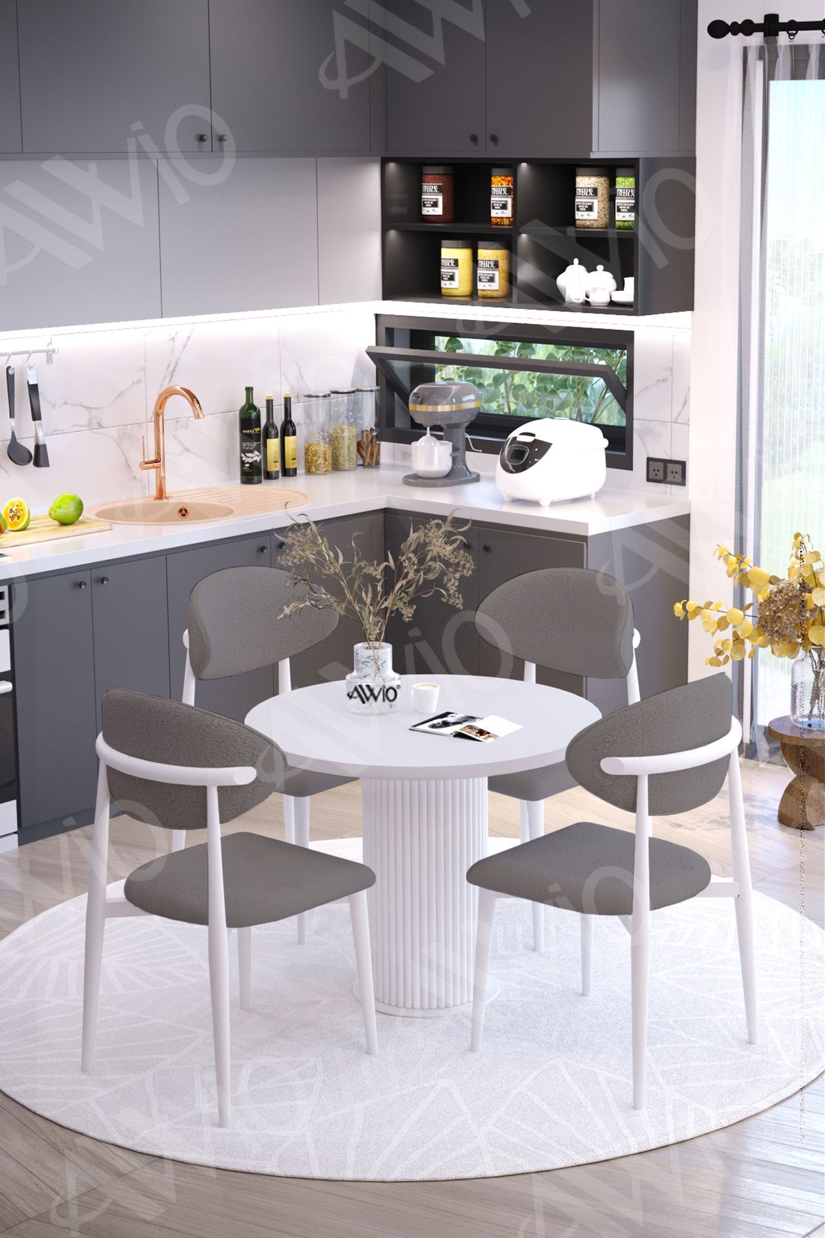 Bella Bohem Ayak Beyaz Polo Sandalye 90x90 Yemek Masası Mutfak Masası Masa Sandalye Takımı