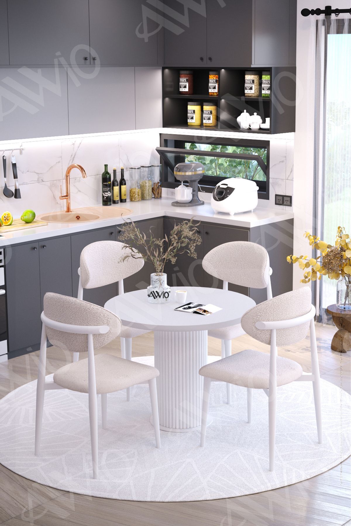 Marco Bohem Ayak Beyaz Polo Sandalye 90x90 Mutfak Masa Sandalye Takımı