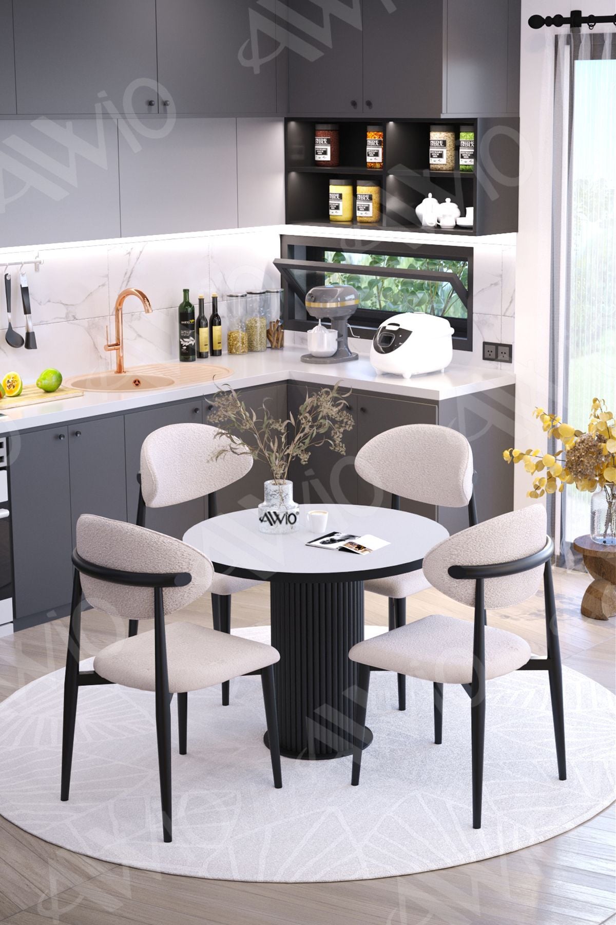 Lyon Bohem Lake Mdf Ayak Siyah Polo Sandalye 90x90 Yemek Masası Mutfak Masası Masa Sandalye Takımı