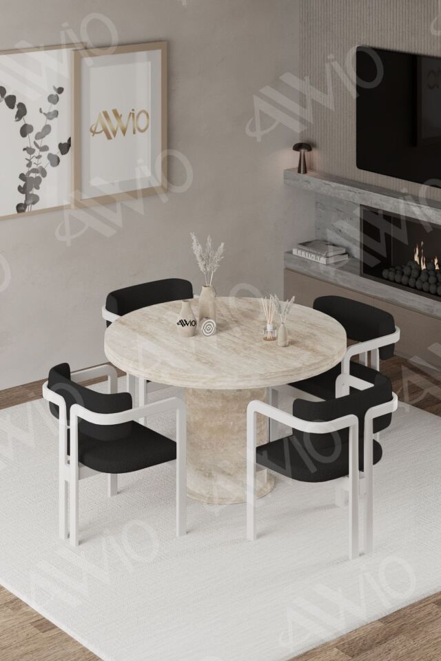 ORİON Traverten 90X90 YUVARLAK Yemek Masası Mutfak Masası 4 Kişilik Masa Sandalye Takımı