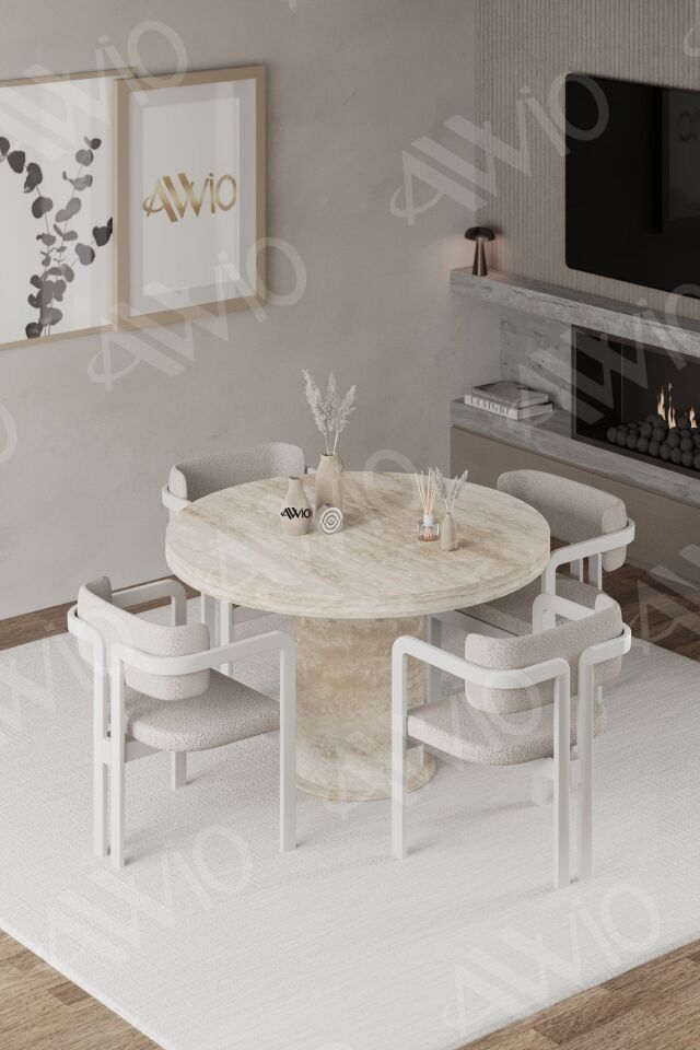 ORİON Traverten 90X90 YUVARLAK Yemek Masası Mutfak Masası 4 Kişilik Masa Sandalye Takımı