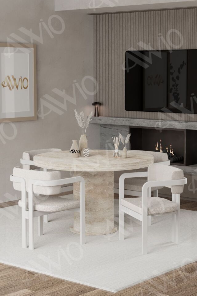 ORİON Traverten 90X90 YUVARLAK Yemek Masası Mutfak Masası 4 Kişilik Masa Sandalye Takımı