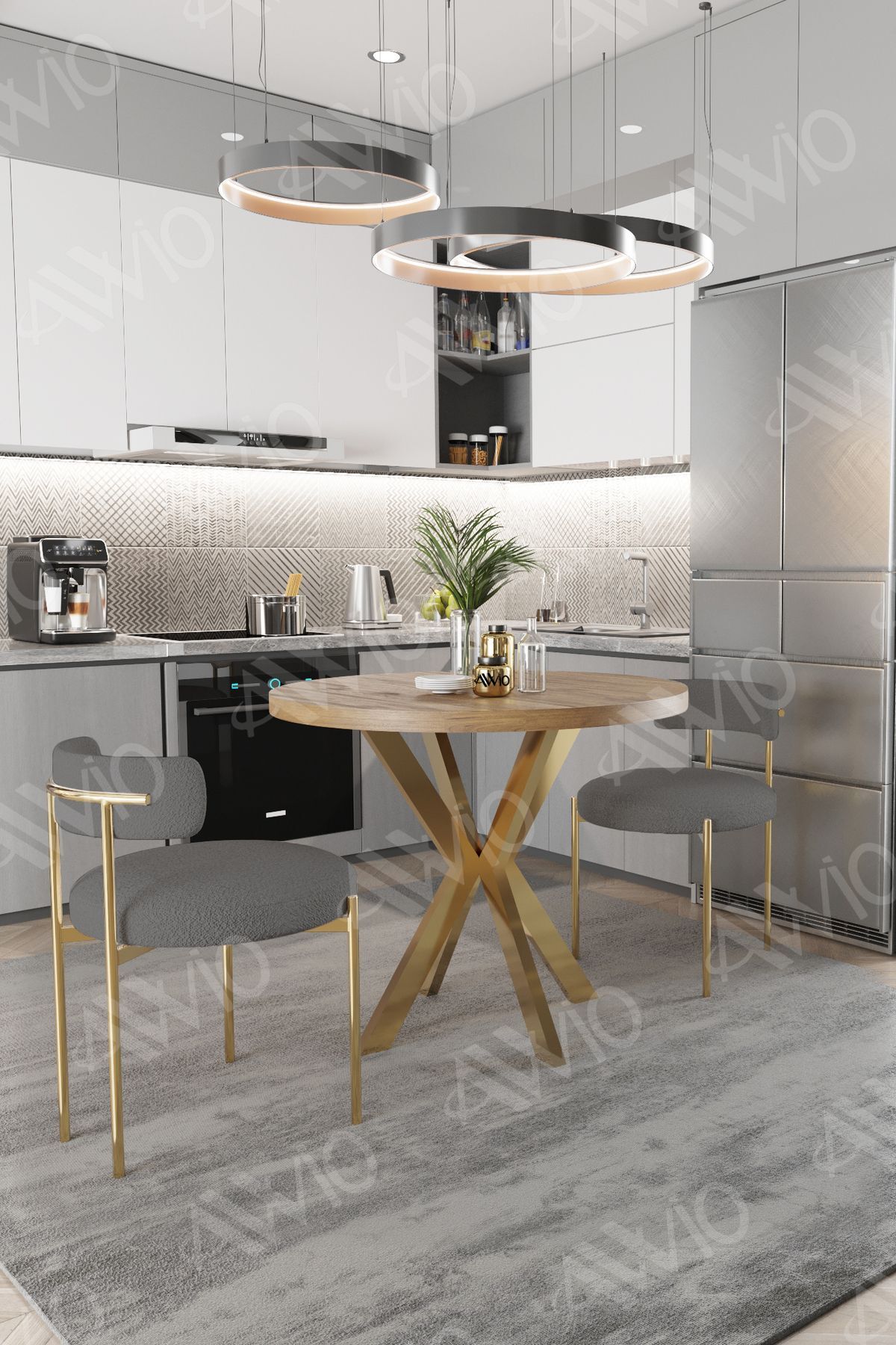 Lena Serisi Teddy Sandalye 90X90 Yuvarlak Yemek Masası Gri Sandalyeli 2 Kişilik Masa Sandalye Takımı