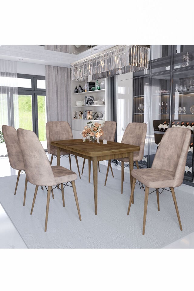Sümela 80x130 (Kapalı) 80x170 (Açık) Yemek Masası Takımı Mutfak Masası Takımı 6 Sandalyeli