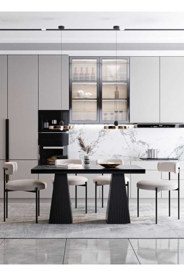 Pietro Lake Mdf Ayak Teddy Sandalye 80x140 Yemek Masası Mutfak Masası 4 Kişilik Masa Sandalye Takım