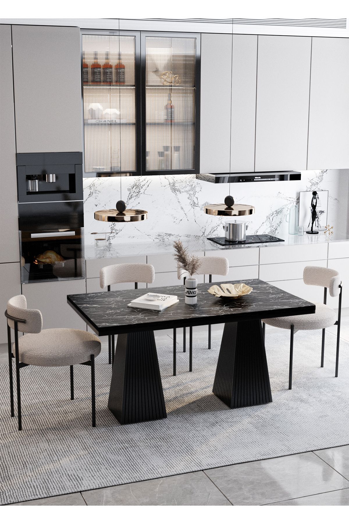 Pietro Lake Mdf Ayak Teddy Sandalye 80x140 Yemek Masası Mutfak Masası 4 Kişilik Masa Sandalye Takım