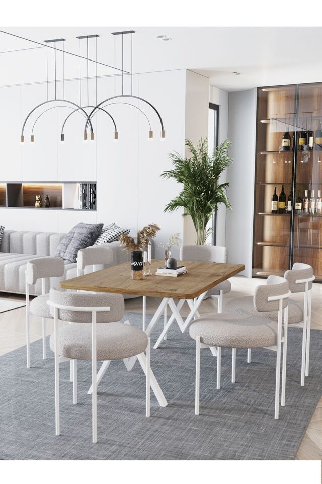 Larina Beyaz Teddy Sandalye 80x140 Yemek Masası Mutfak Masası 6 Kişilik Masa Sandalye Takımı
