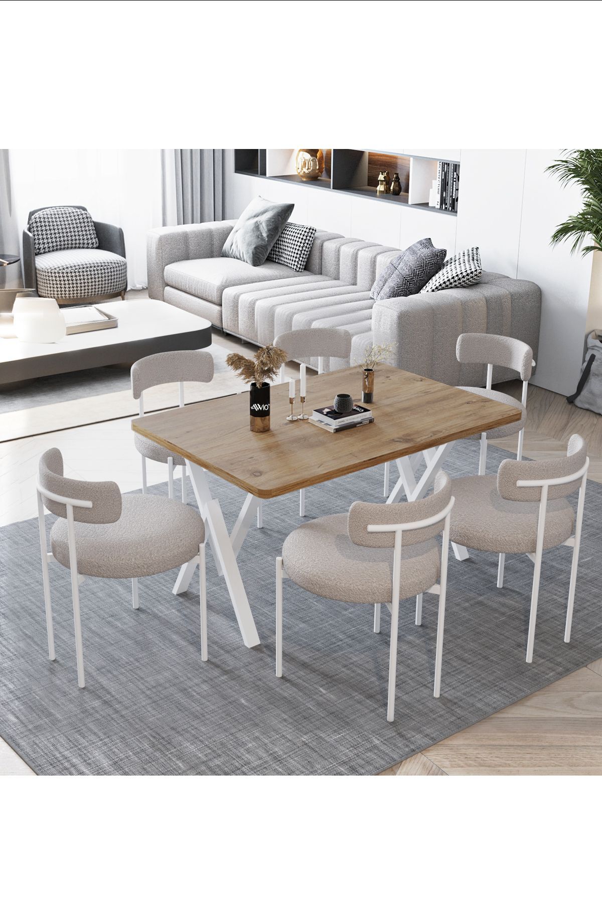 Larina Beyaz Teddy Sandalye 80x140 Yemek Masası Mutfak Masası 6 Kişilik Masa Sandalye Takımı