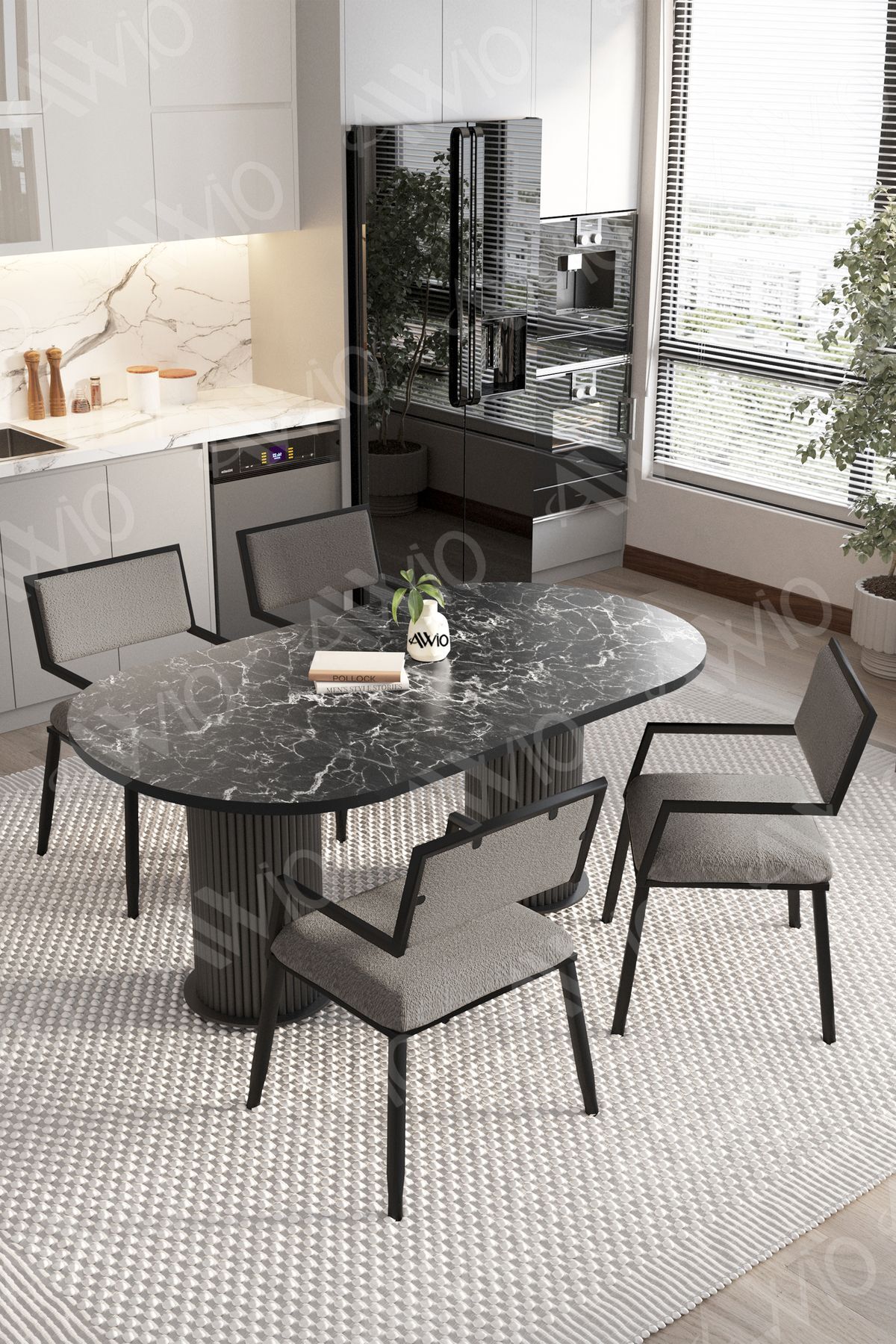 Pontia 80x140 Yemek Masası Mutfak Masası 4 Kişilik Masa Sandalye Takımı Siyah Mermer-Gri - 80X140