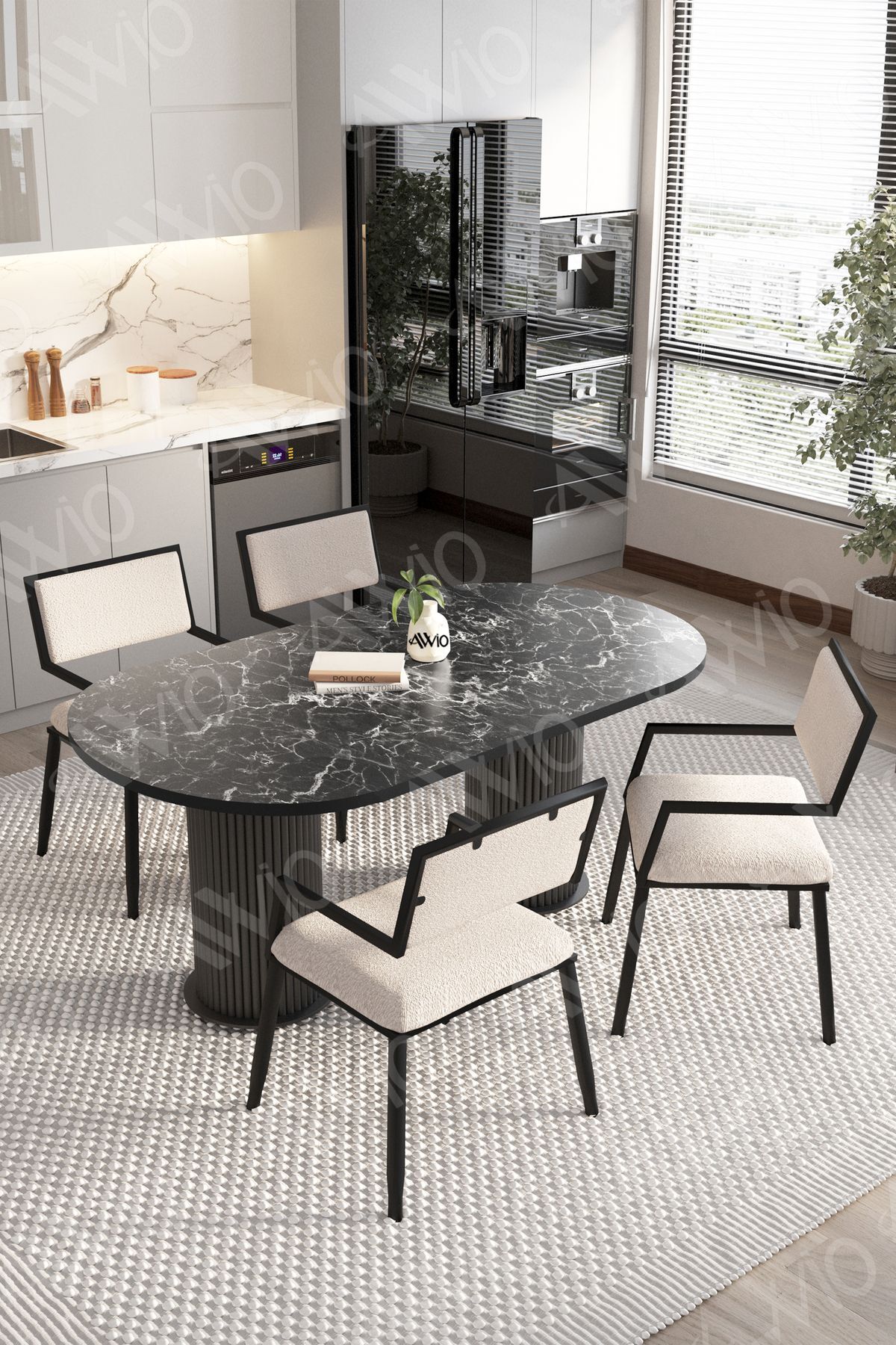 NATURA 80x140 Yemek Masası Mutfak Masası 4 Kişilik Masa Sandalye Takımı Siyah Mermer-BEYAZ - 80X140