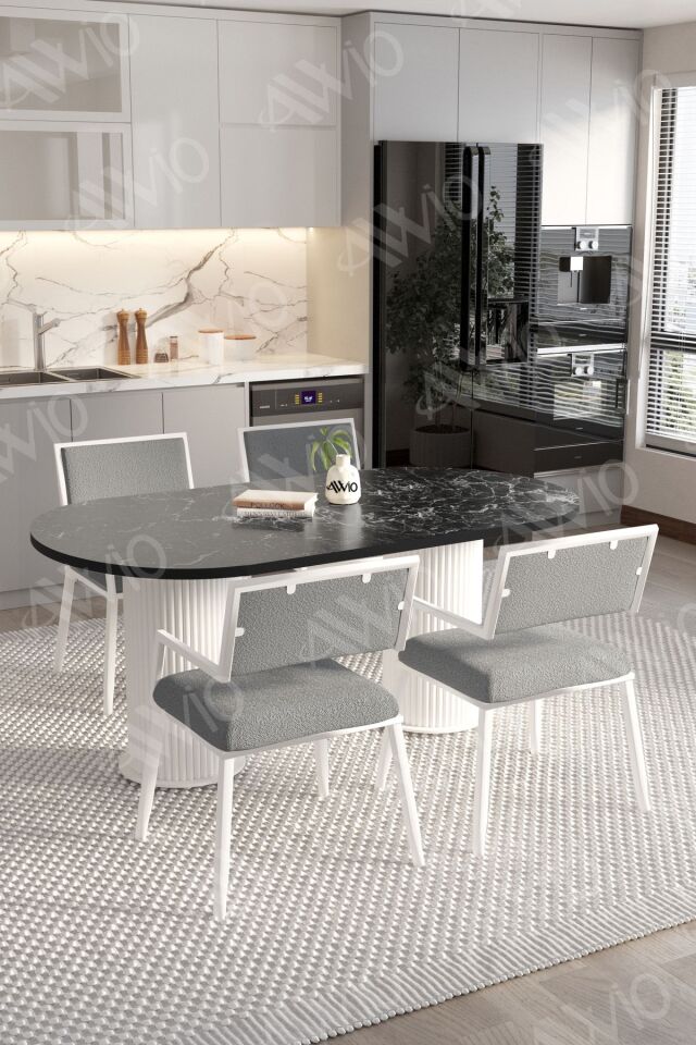 MARLA 80x140 Yemek Masası Mutfak Masası 4 Kişilik Masa Sandalye Takımı Siyah Mermer-Gri - 80X140
