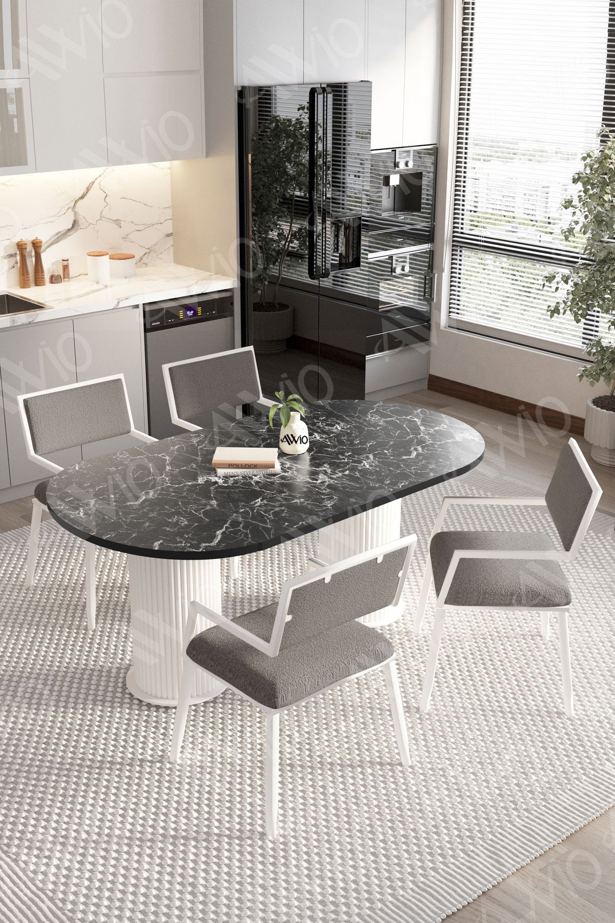 MARLA 80x140 Yemek Masası Mutfak Masası 4 Kişilik Masa Sandalye Takımı Siyah Mermer-Gri - 80X140