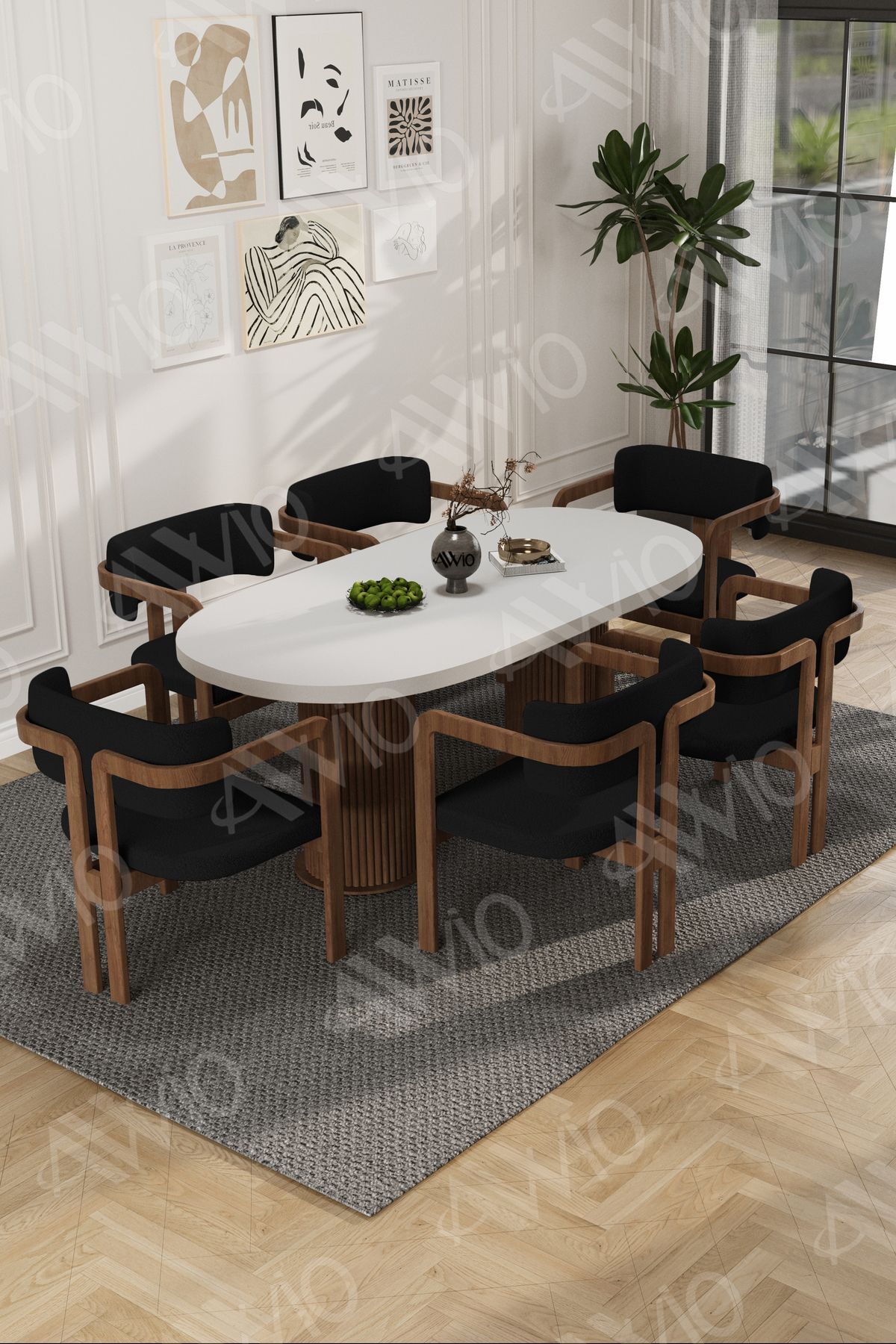 Arion Serisi Bohem Ayak 6'lı Tokyo Metal Demonte Sandalye 80x160 Masa Sandalye Takımı Beyaz Masa Sandalye Kahve Kumaş Siyah - 80X160