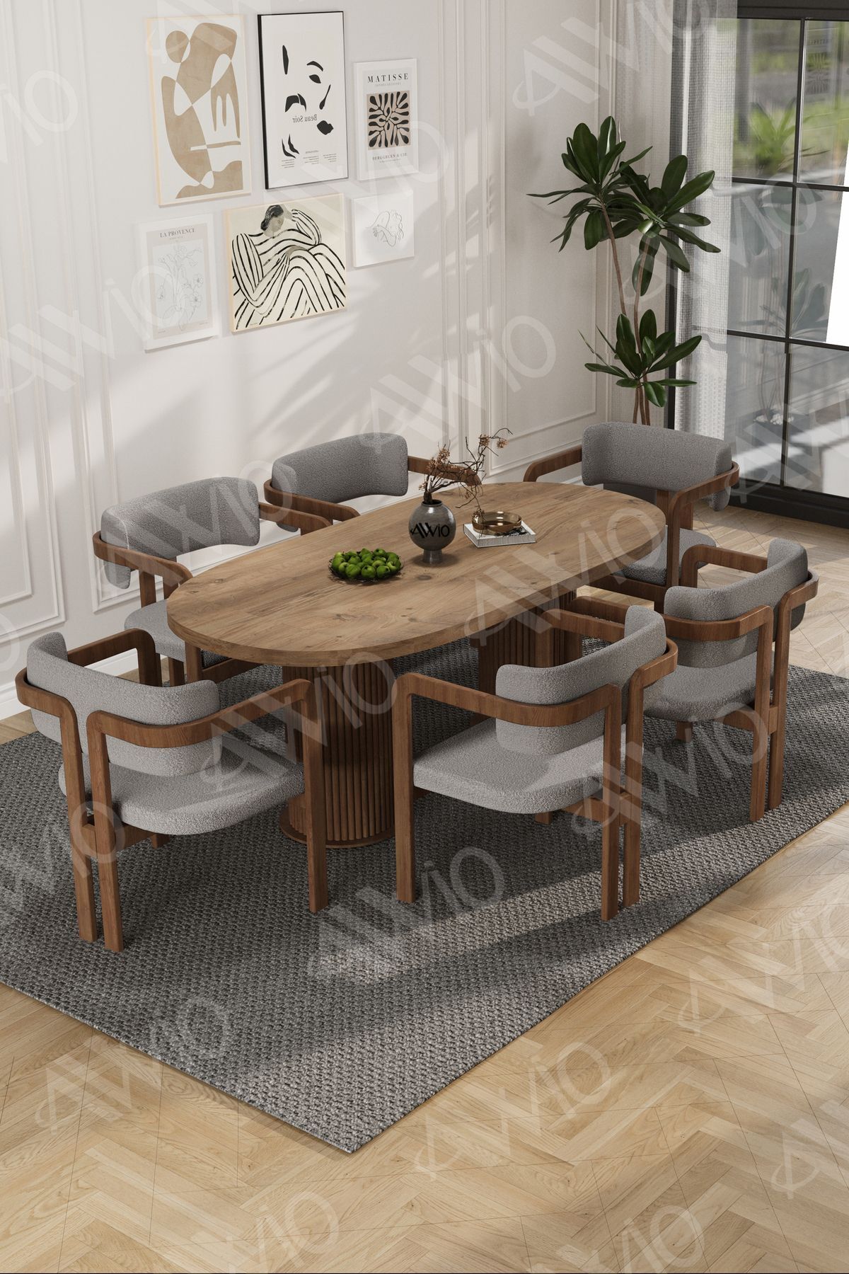 Arion Serisi Bohem Ayak 6'lı Tokyo Metal Demonte Sandalye 80x160 Masa Sandalye Takımı Akça Masa Sandalye Kahve Kumaş Gri - 80X160