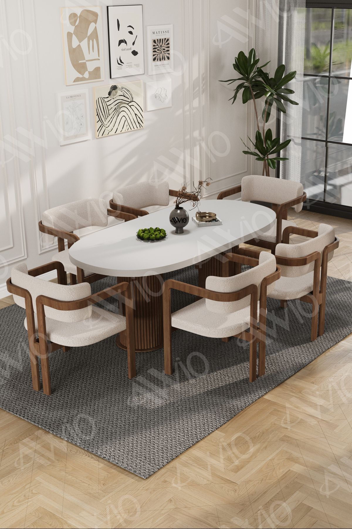 Arion Serisi Bohem Ayak 6'lı Tokyo Metal Demonte Sandalye 80x160 Masa Sandalye Takımı Beyaz Masa Sandalye Kahve Kumaş Krem - 80X160
