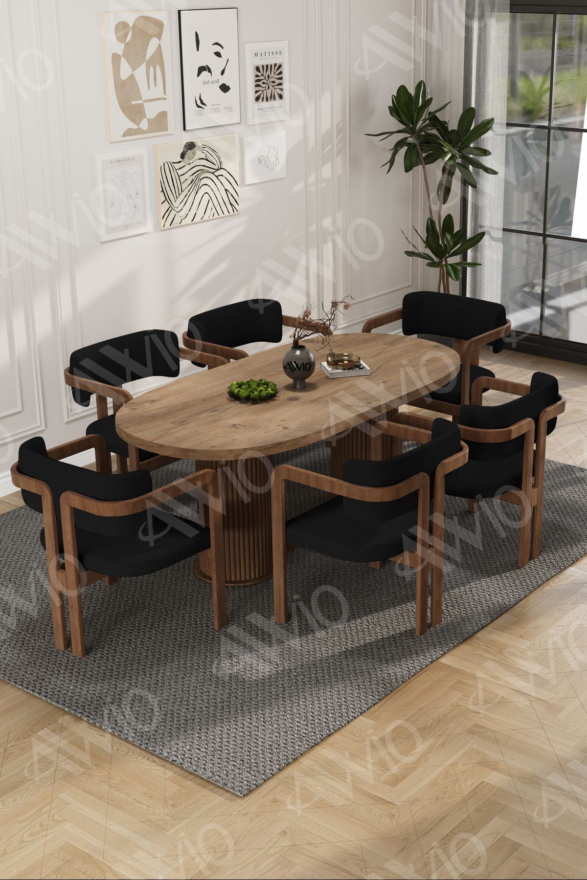 Arion Serisi Bohem Ayak 6'lı Tokyo Metal Demonte Sandalye 80x160 Masa Sandalye Takımı Akça Masa Sandalye Kahve Kumaş Siyah - 80X160