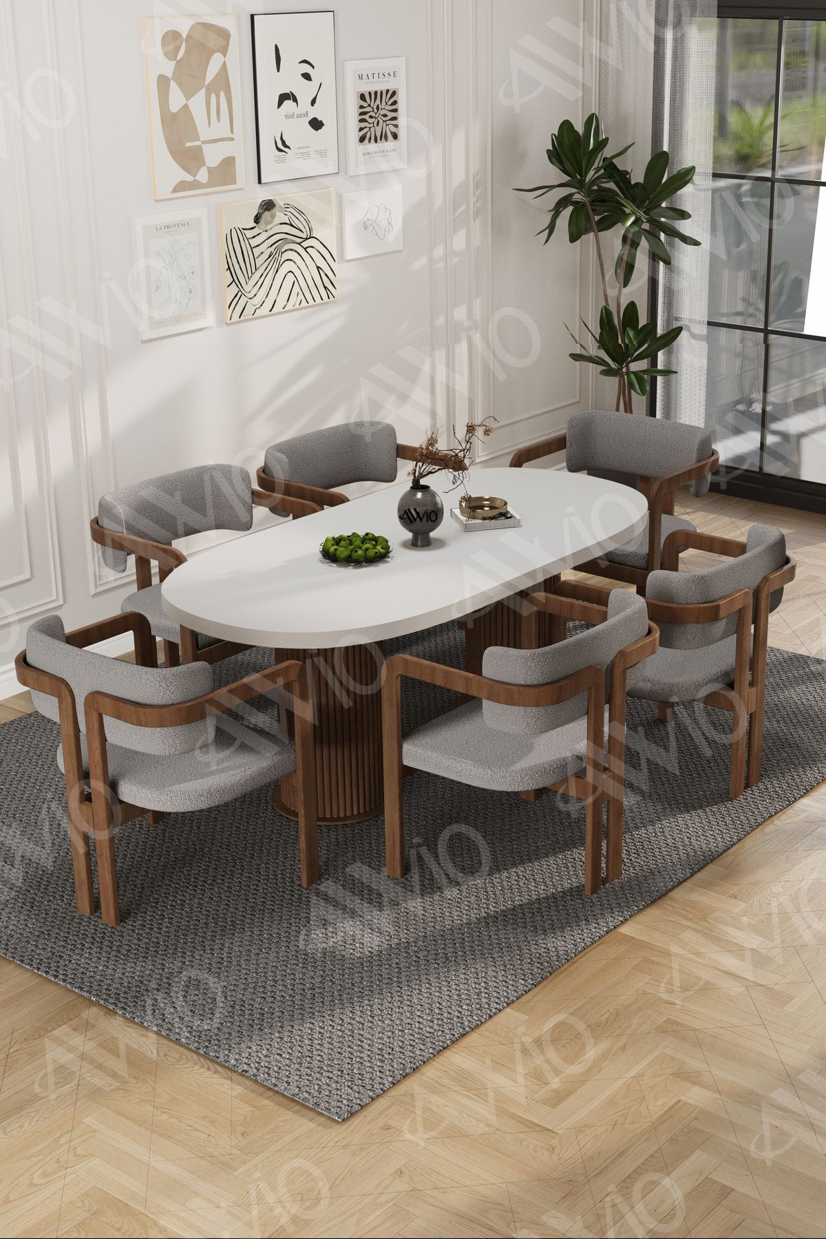 Arion Serisi Bohem Ayak 6'lı Tokyo Metal Demonte Sandalye 80x160 Masa Sandalye Takımı Beyaz Masa Sandalye Kahve Kumaş Gri - 80X160