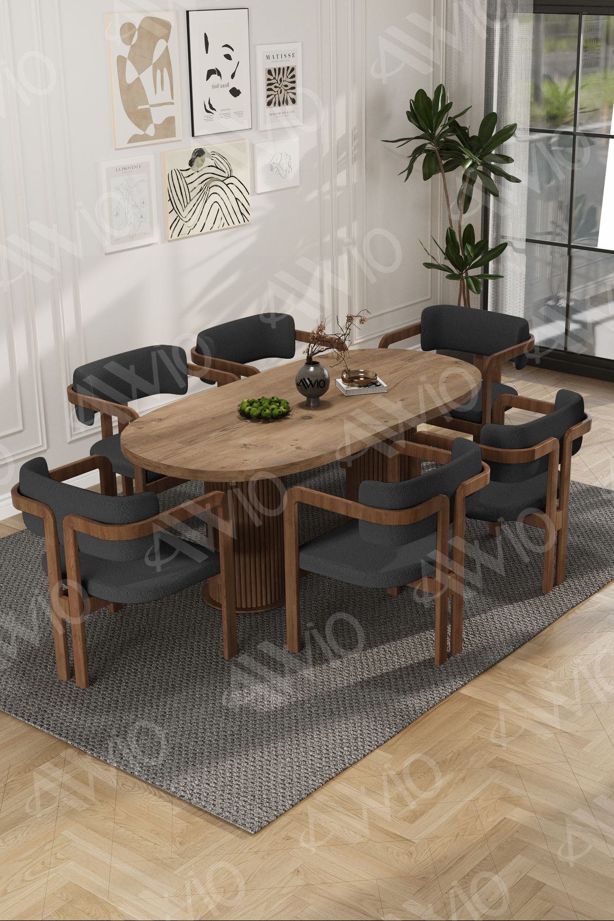 Arion Serisi Bohem Ayak 6'lı Tokyo Metal Demonte Sandalye 80x160 Masa Sandalye Takımı Akça Masa Sandalye Kahve Kumaş Antrasit Gri - 80X160