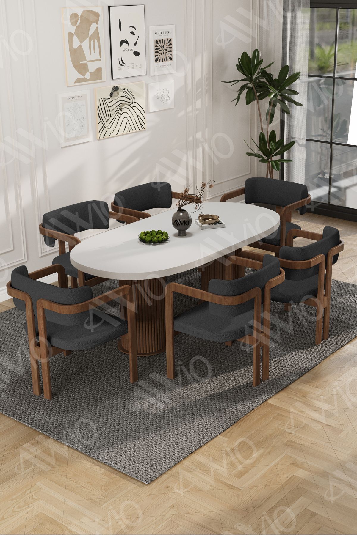 Arion Serisi Bohem Ayak 6'lı Tokyo Metal Demonte Sandalye 80x160 Masa Sandalye Takımı Beyaz Masa Sandalye Kahve Kumaş Antrasit Gri - 80X160
