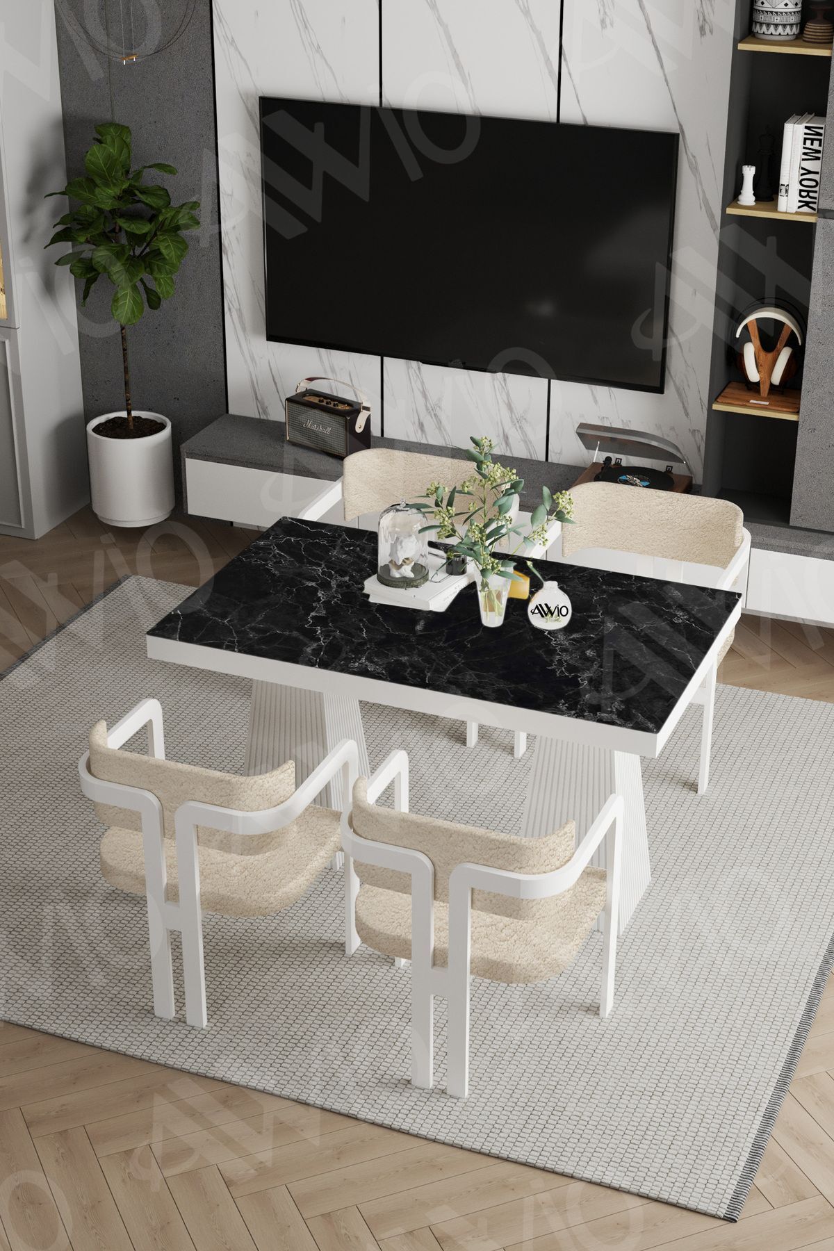 Lato Lake Mdf Ayak Tokyo Demonte Sandalye 80x120 Yemek Masası Mutfak Masası 4 Kişilik SİYAH MERMER - 80X120