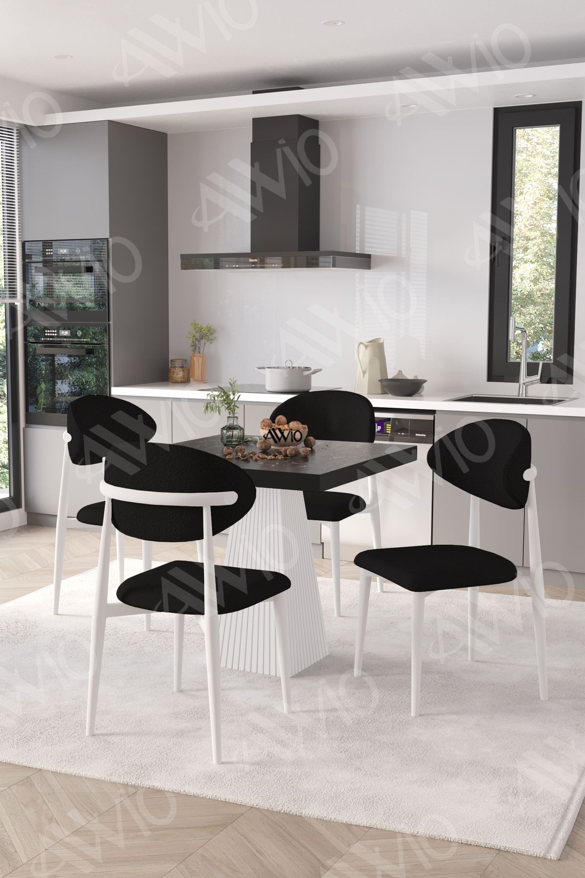 Elizya Beyaz Polo Metal Sandalye 90X90 Kare  Yemek Masası Mutfak Masası Masa Sandalye Takımı Siyah Mermer - 90X90