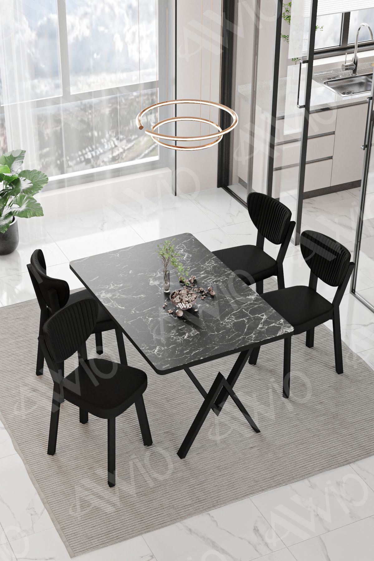 Vanensi  ELMA Sandalye 80x120 Yemek Masası Mutfak Masası 4 Kişilik Masa Sandalye Takım SİYAH MERMER - 80X120