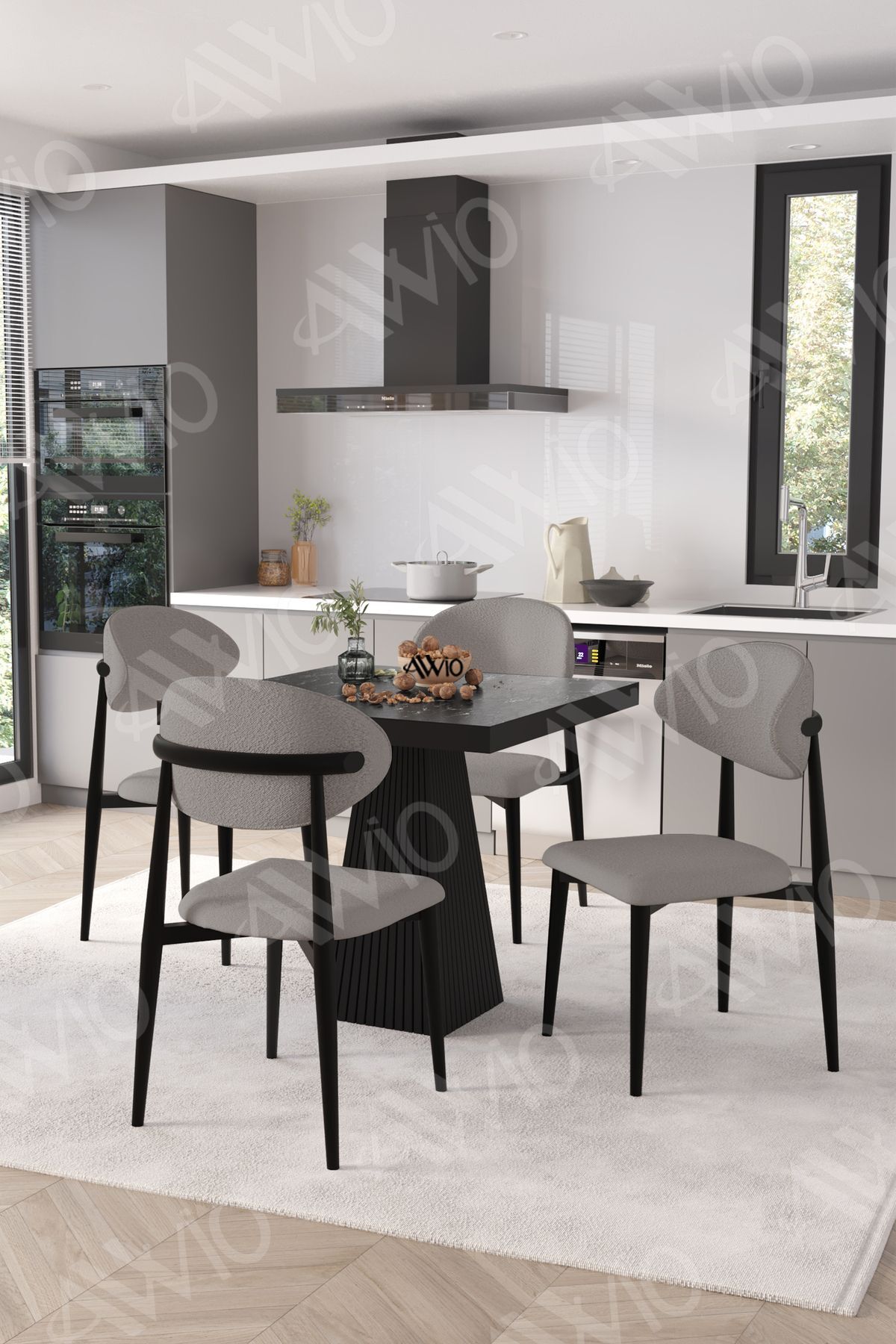 Marven Siyah Polo Metal Sandalye 90X90 Kare Yemek Masası Mutfak Masası Masa Sandalye Takımı SİYAH MERMER - 90X90