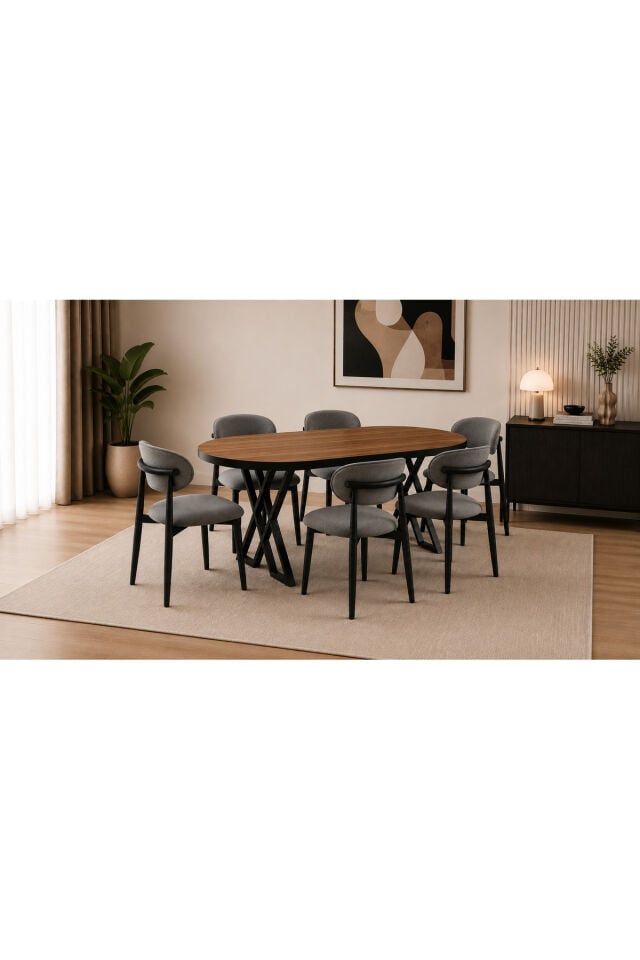 Luna Serisi 80x160 cm 6 Kişilik MDF Oval Yemek Masası Mutfak Masası Takımı X Ayaklı Polo Sandalyeli