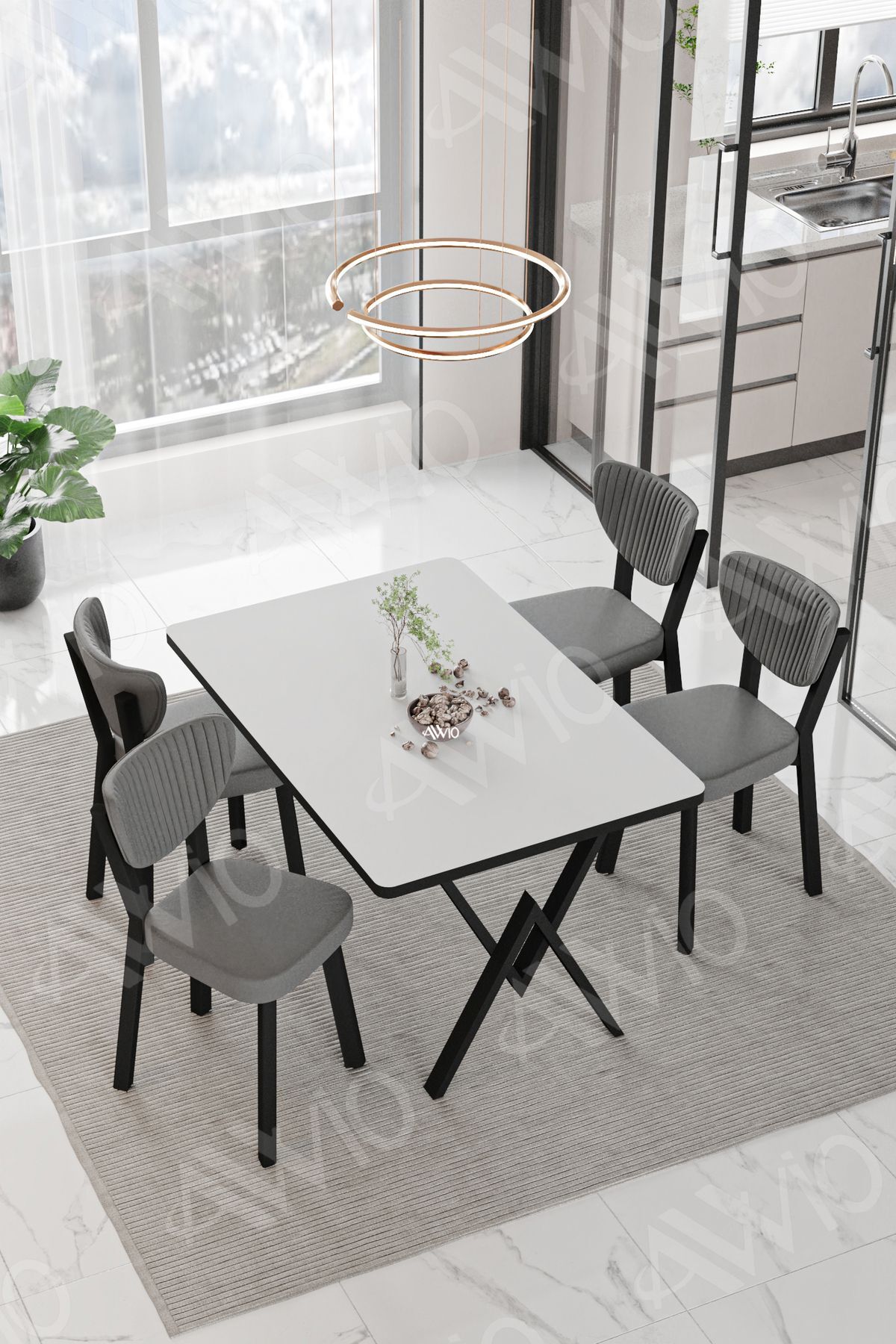 Pedra ELMA Sandalye 80x120 Yemek Masası Mutfak Masası 4 Kişilik Masa Sandalye Takımı BEYAZ - 80X120