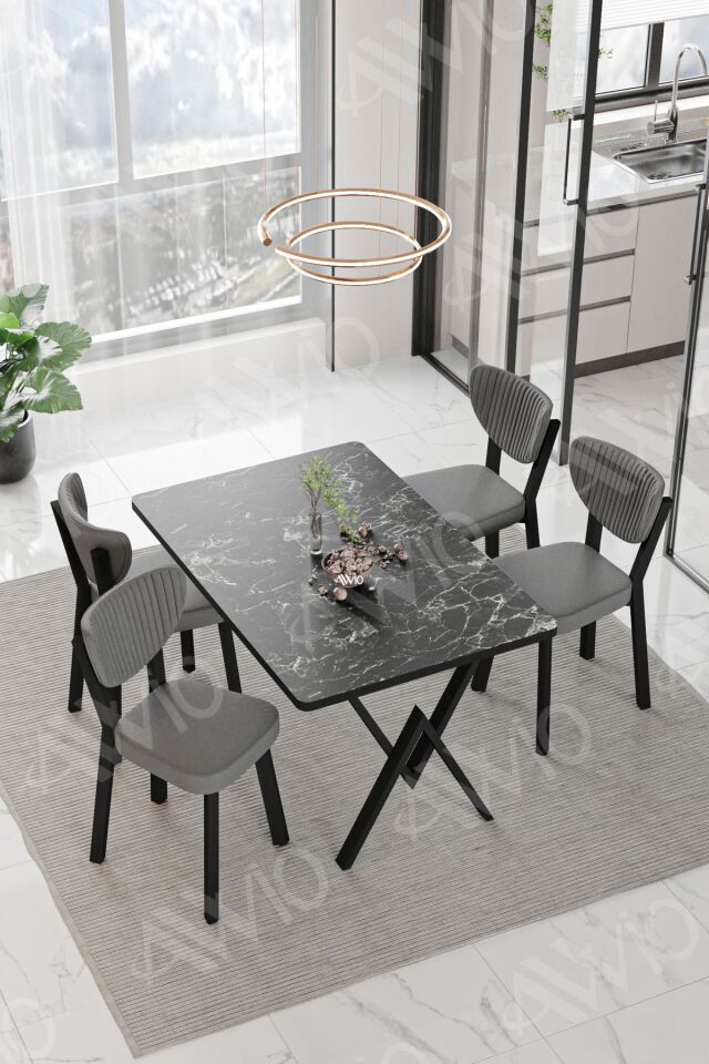 Pedra ELMA Sandalye 80x120 Yemek Masası Mutfak Masası 4 Kişilik Masa Sandalye Takımı SİYAH MERMER - 80X120