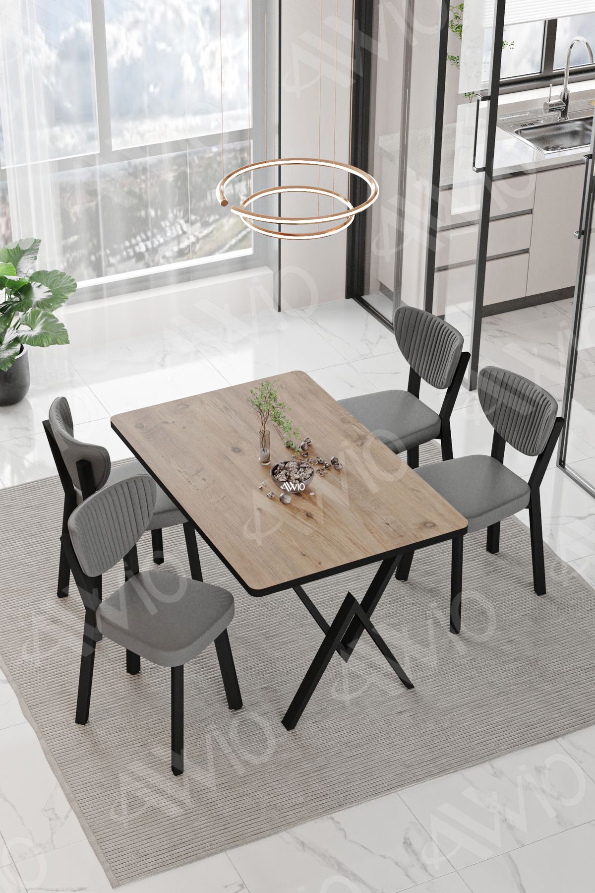 Pedra ELMA Sandalye 80x120 Yemek Masası Mutfak Masası 4 Kişilik Masa Sandalye Takımı AKÇA - 80X120