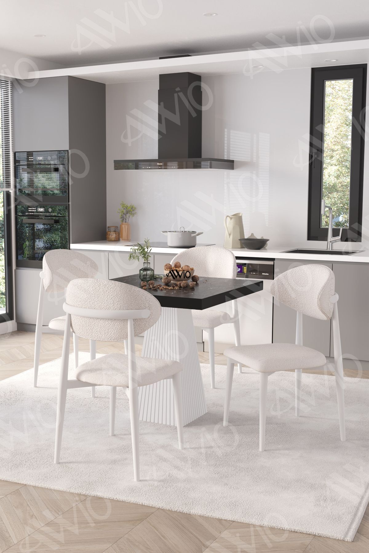 Essen Beyaz Polo Metal Sandalye 90X90 Kare  Yemek Masası Mutfak Masası Masa Sandalye Takımı Siyah Mermer - 90X90
