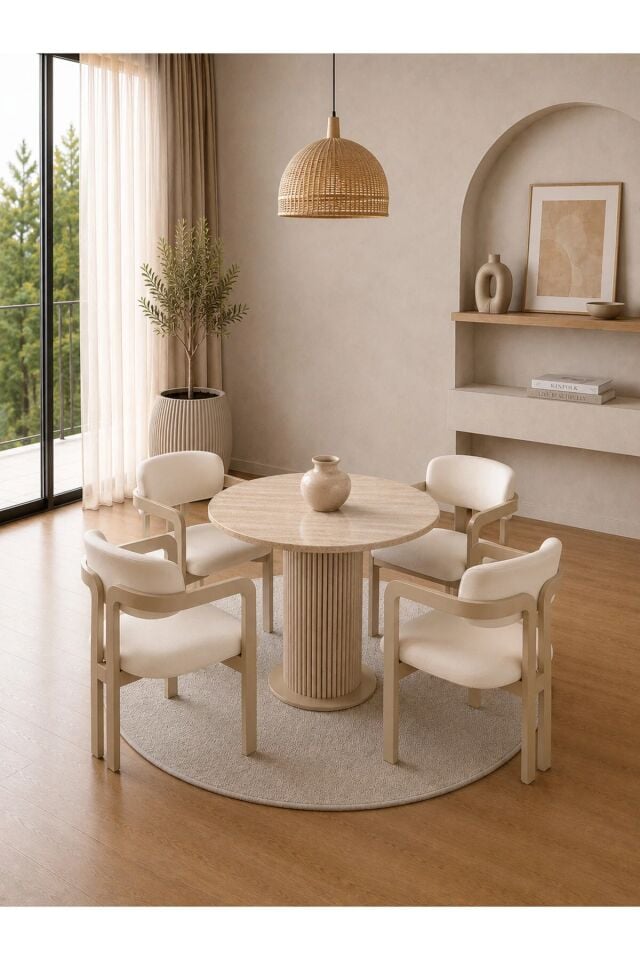 Madera Traverten 90 cm Yuvarlak Yemek ve Mutfak Masası Takımı 4 Kişilik