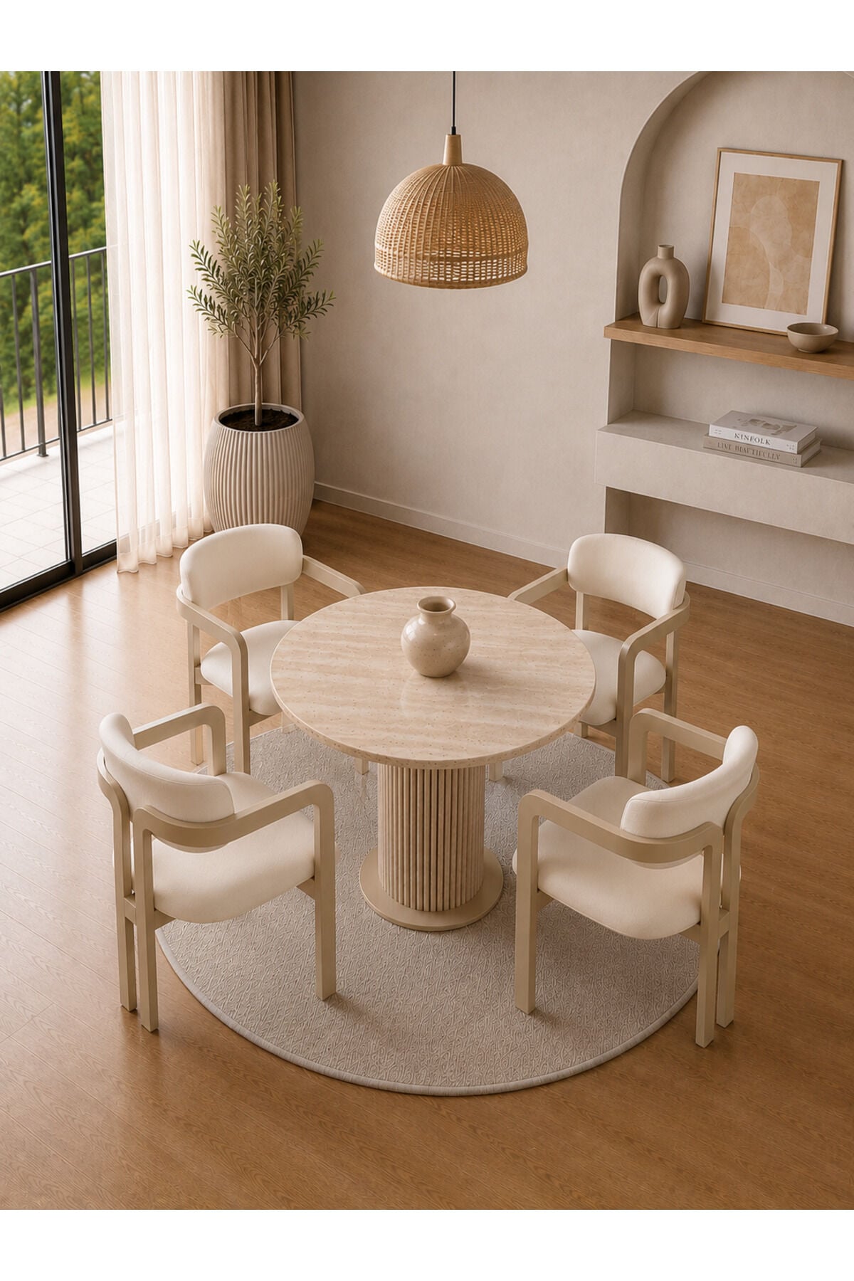 Madera Traverten 90 cm Yuvarlak Yemek ve Mutfak Masası Takımı 4 Kişilik