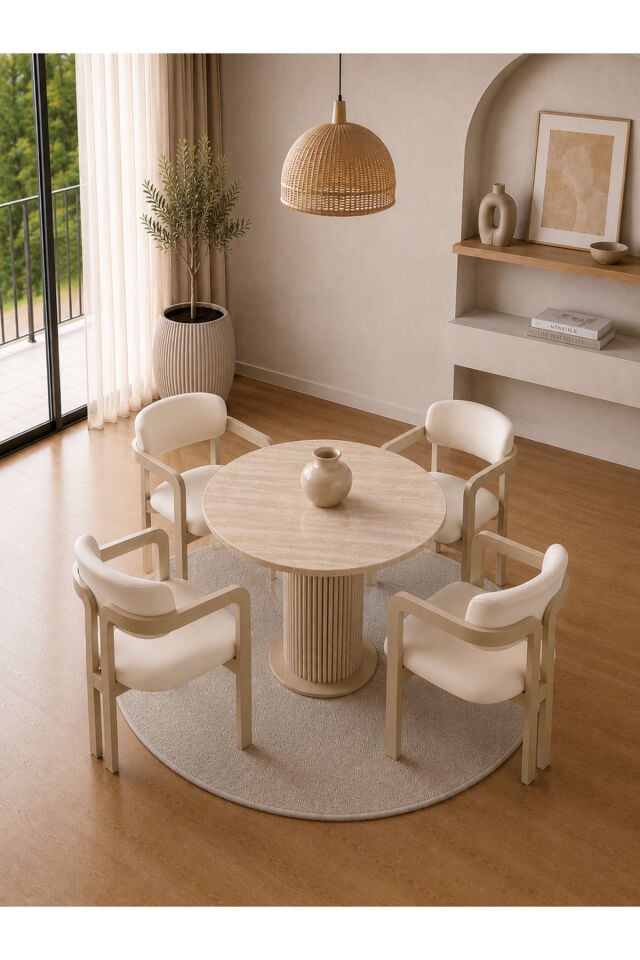Madera Traverten 90 cm Yuvarlak Yemek ve Mutfak Masası Takımı 4 Kişilik