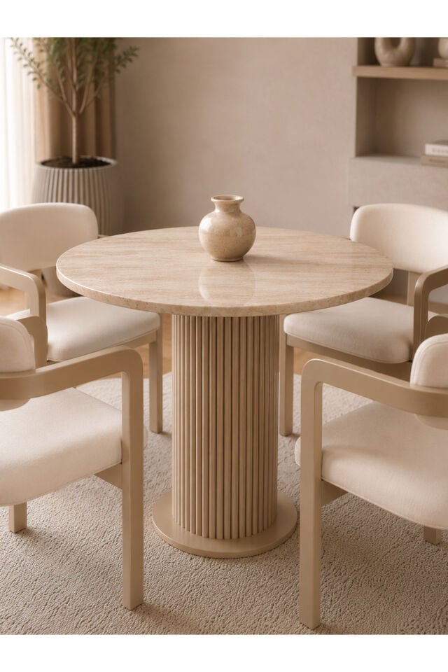 Madera Traverten 90 cm Yuvarlak Yemek ve Mutfak Masası Takımı 4 Kişilik