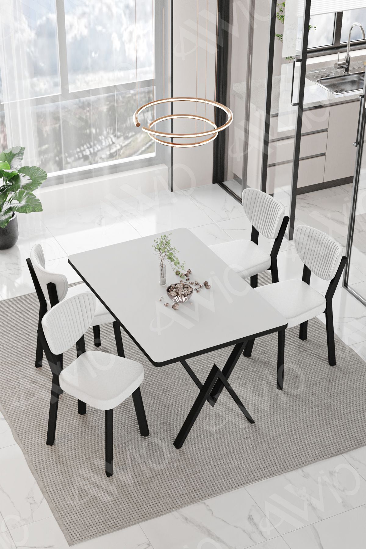 Carla ELMA Sandalye 80x120 Yemek Masası Mutfak Masası 4 Kişilik Masa Sandalye Takım DÜZ BEYAZ - 80X120