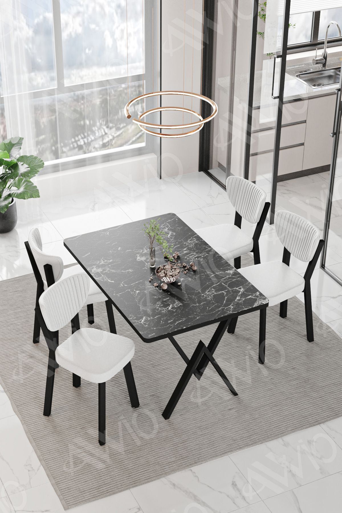 Carla ELMA Sandalye 80x120 Yemek Masası Mutfak Masası 4 Kişilik Masa Sandalye Takım SİYAH MERMER - 80X120