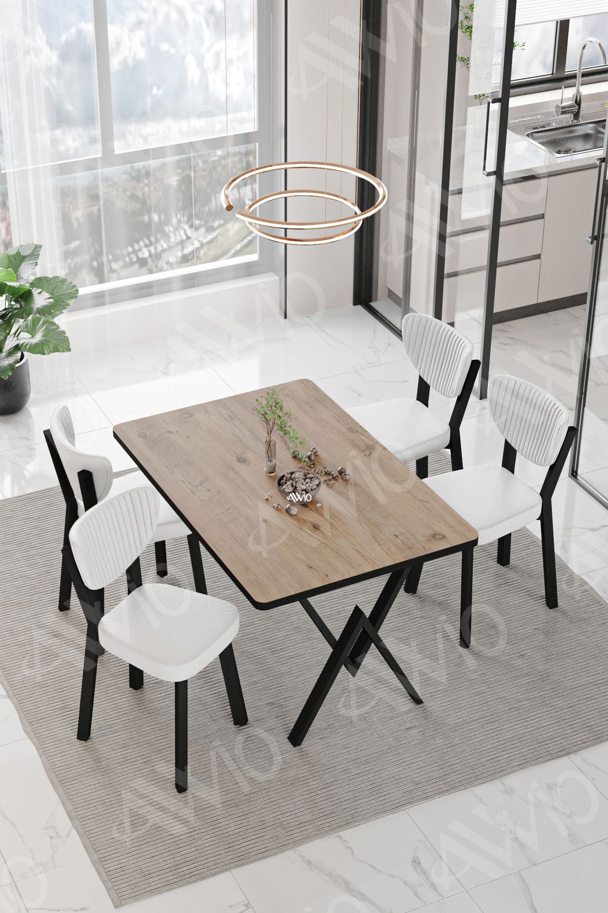 Carla ELMA Sandalye 80x120 Yemek Masası Mutfak Masası 4 Kişilik Masa Sandalye Takım AKÇA - 80X120
