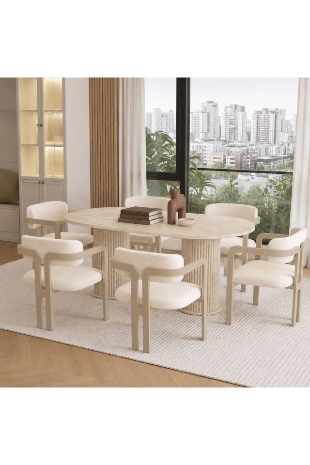 Beige İskandinav Bohem Ayak 6'lı Tokyo Metal Demonte Sandalye 80x160 Masa Sandalye Takımı Traverten