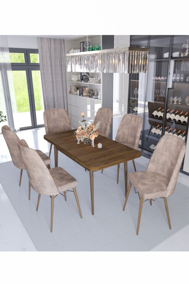 Sümela 80x130(kapalı) 80x170(açık) Yemek Masası Takımı Mutfak Masası Takımı Capucino 6 Sandalyeli