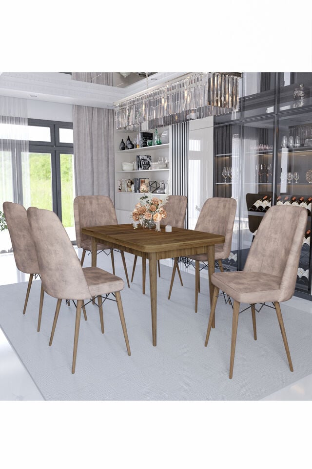 Sümela 80x130(kapalı) 80x170(açık) Yemek Masası Takımı Mutfak Masası Takımı Capucino 6 Sandalyeli