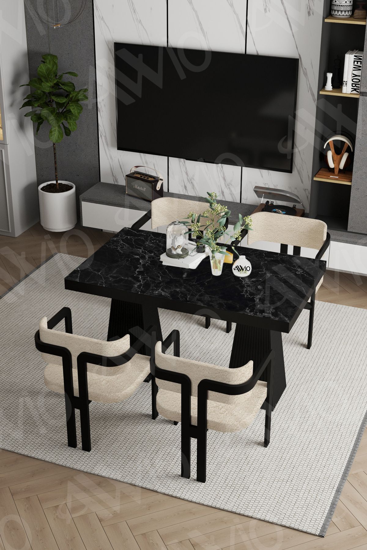 Marble Lake Mdf Ayak Tokyo Demonte Sandalye 80x120 Yemek Masası Mutfak Masası 4 Kişilik SİYAH MERMER - 80X120