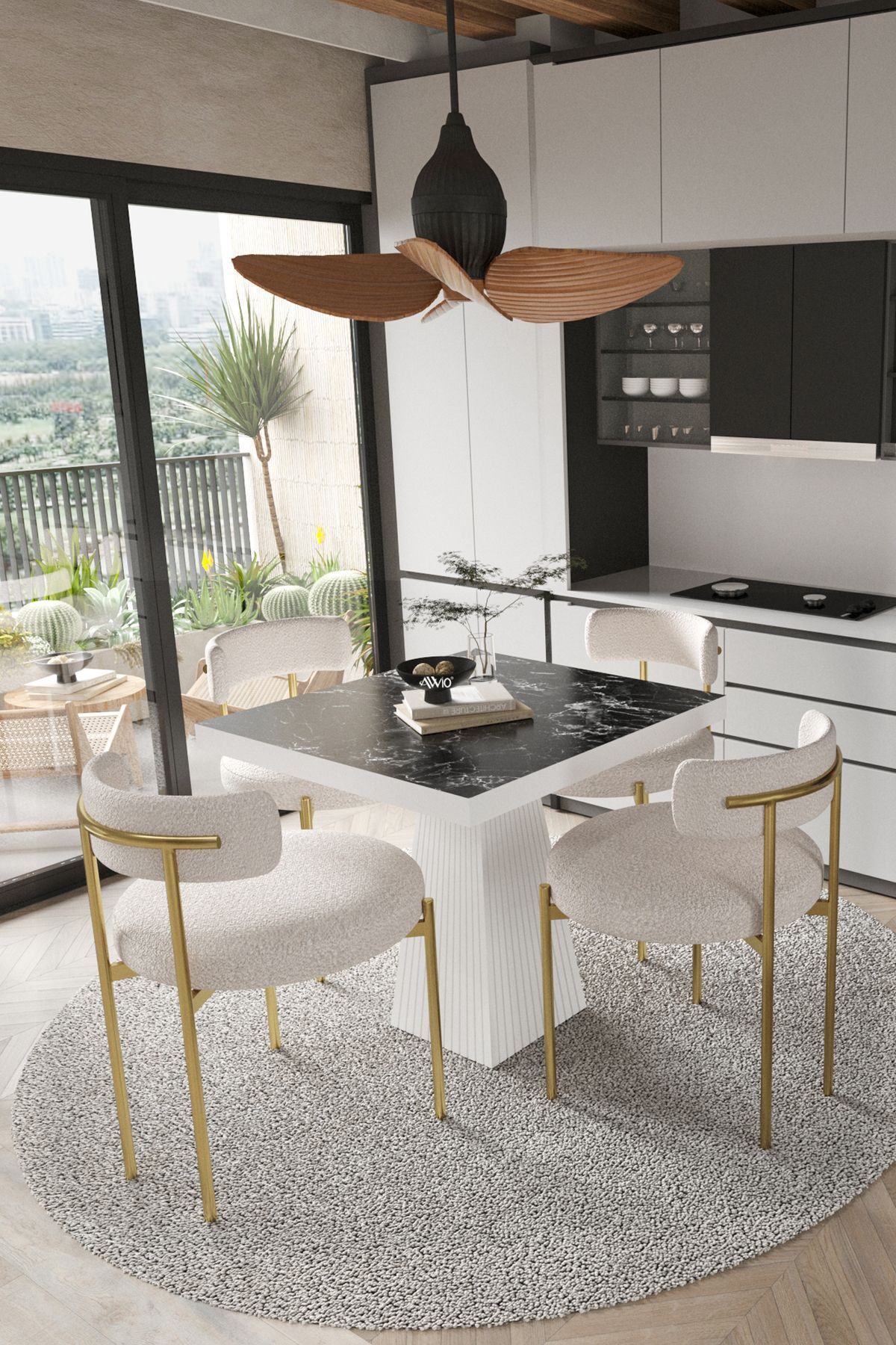 ARONA  Beyaz Lake MDF Ayak  90x90 Yemek Masası Mutfak Masası 4 Kişilik Masa Takımı Teddy Sandalye SİYAH MERMER - 90X90