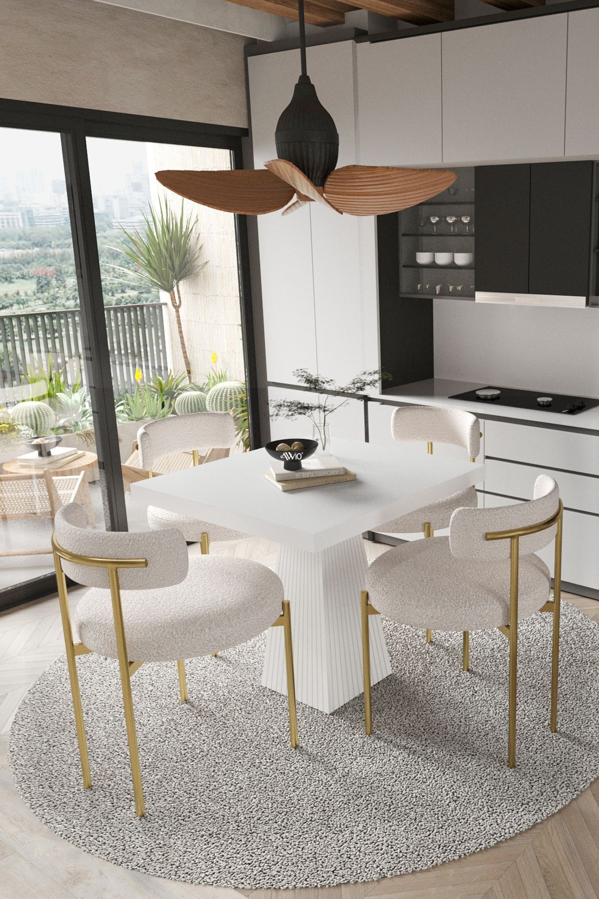 ARONA  Beyaz Lake MDF Ayak  90x90 Yemek Masası Mutfak Masası 4 Kişilik Masa Takımı Teddy Sandalye Beyaz - 90X90
