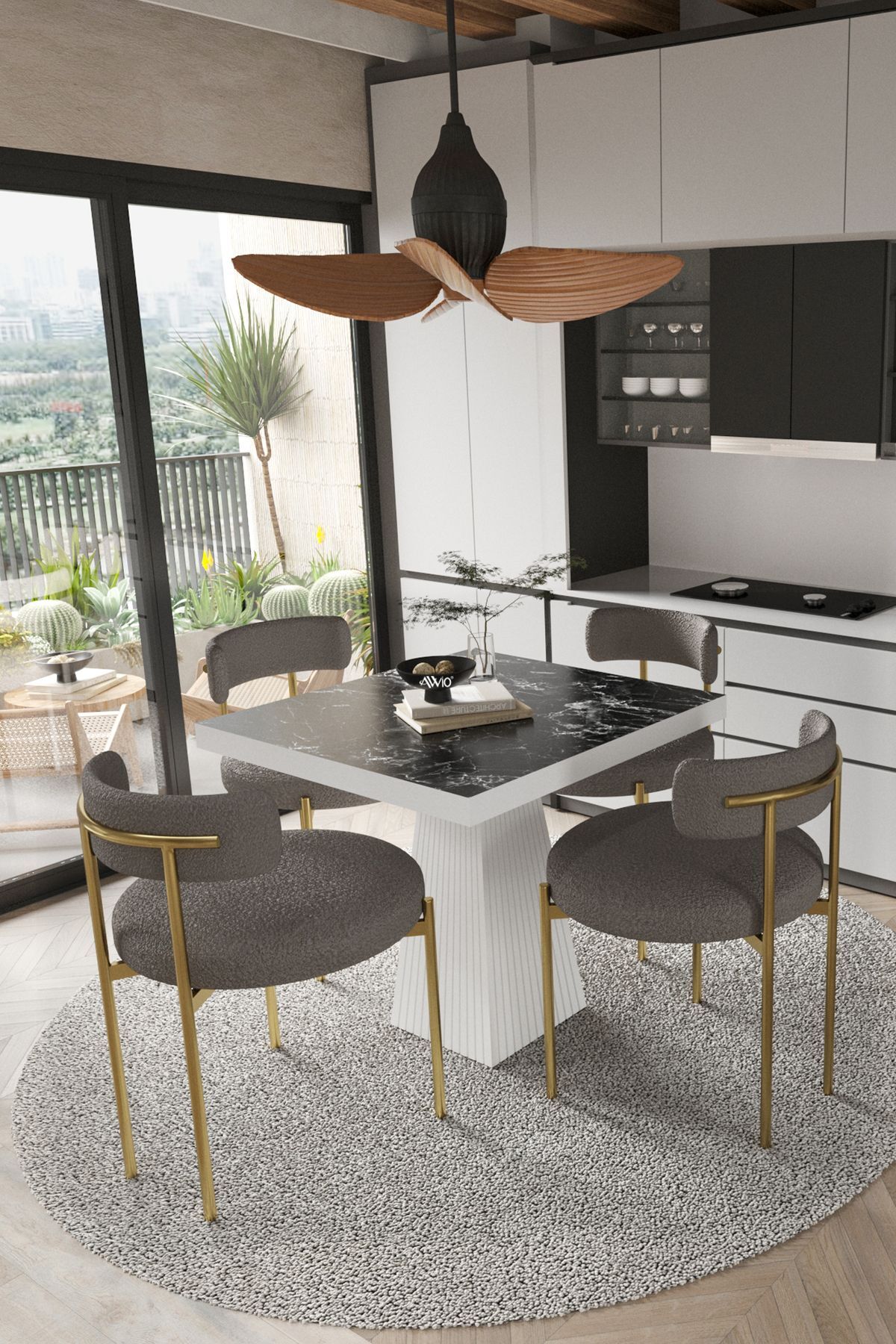 ARONA  Beyaz Lake MDF Ayak  90x90 Yemek Masası Mutfak Masası 4 Kişilik Masa Takımı Teddy Sandalye SİYAH MERMER - 90X90