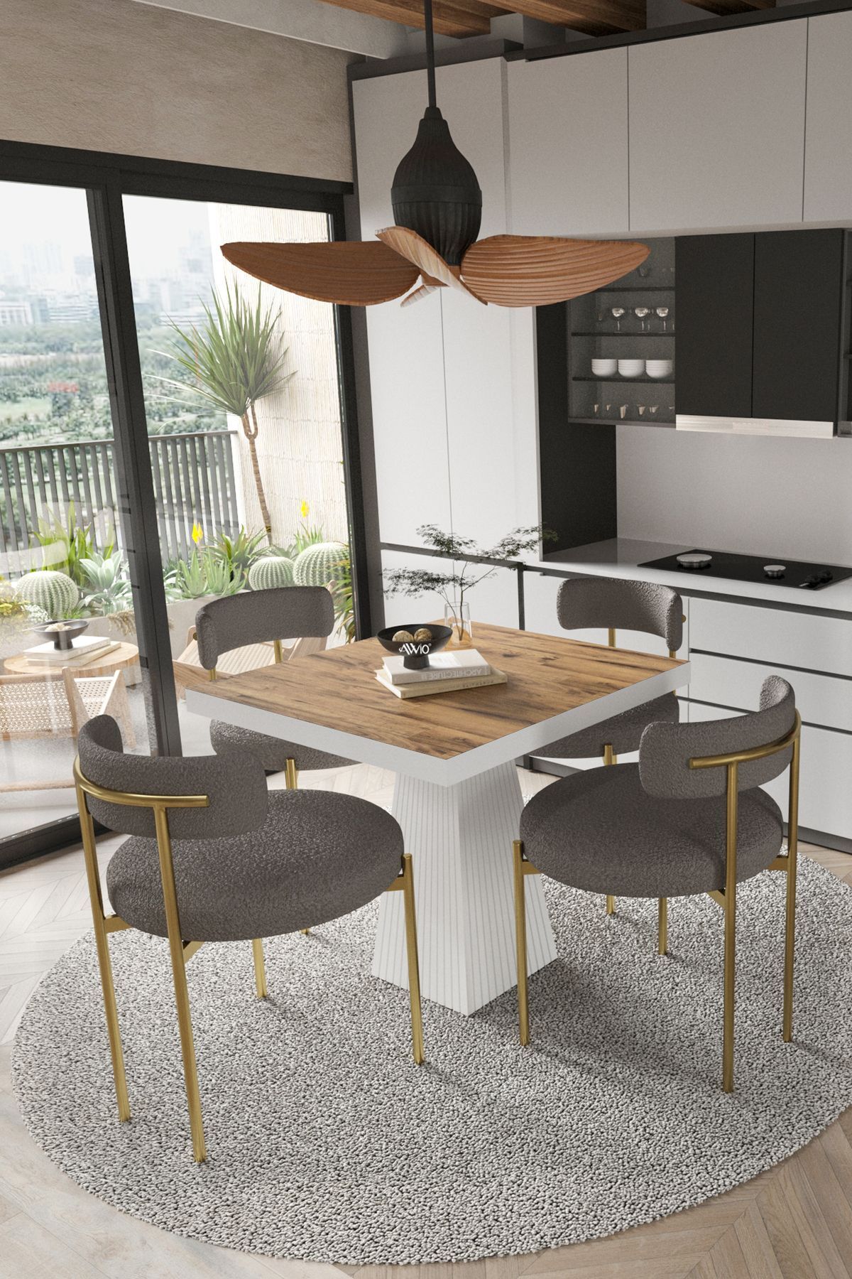 ARONA  Beyaz Lake MDF Ayak  90x90 Yemek Masası Mutfak Masası 4 Kişilik Masa Takımı Teddy Sandalye AKÇA - 90X90