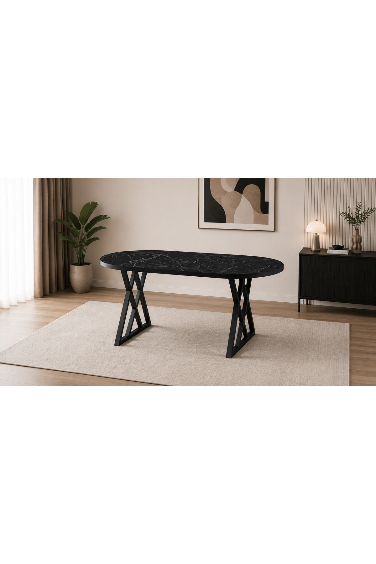 Vela 80x140 cm Oval Yemek Masası Mutfak Masası X Ayaklı Siyah Mermer - 80X140