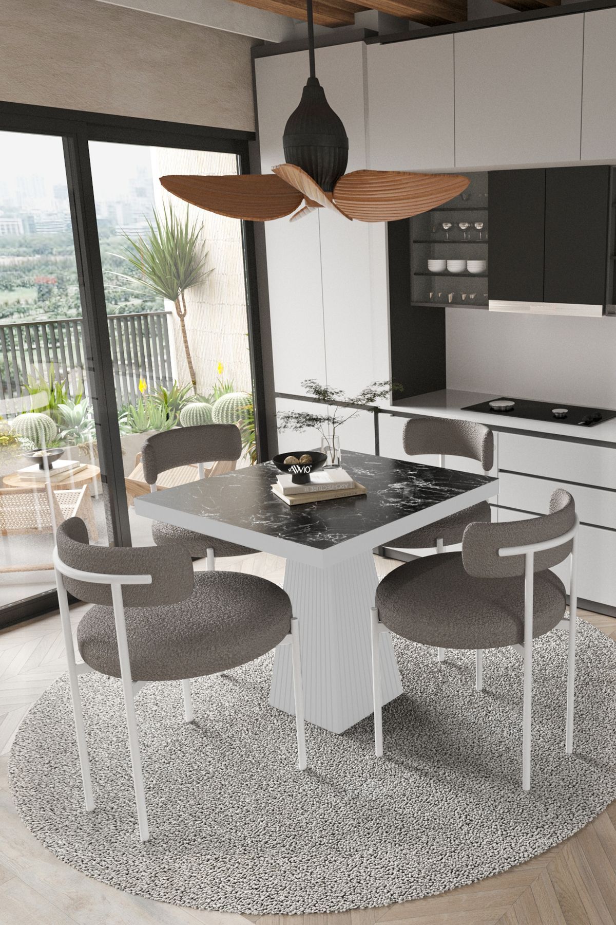 SAVANA  Beyaz Lake MDF Ayak  90x90 Yemek Masası Mutfak Masası 4 Kişilik Masa Takımı Teddy Sandalye SİYAH MERMER - 90X90