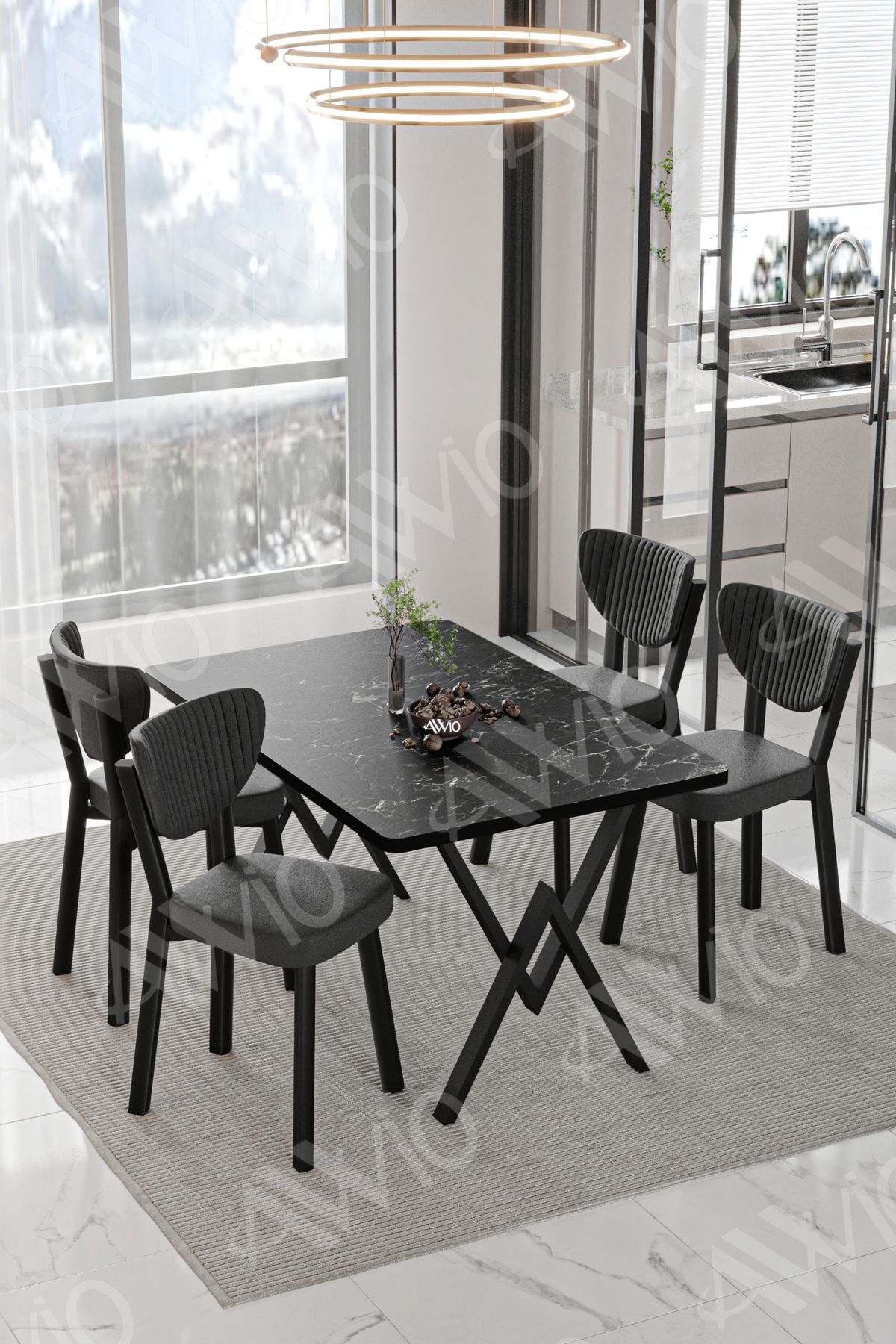 Carla  ELMA Sandalye 80x120 Yemek Masası Mutfak Masası 4 Kişilik Masa Sandalye Takımı SİYAH MERMER - 80X120